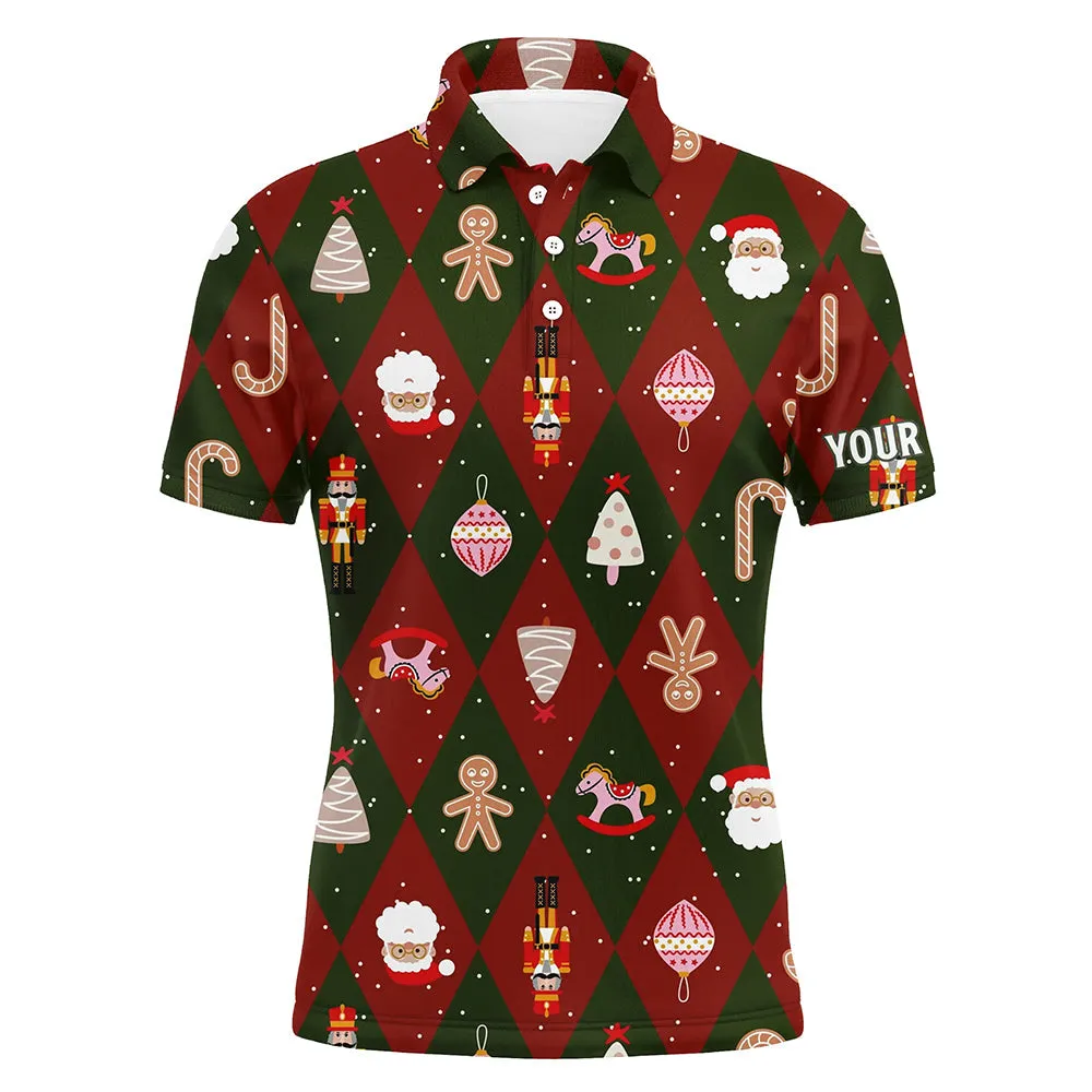 Festive Christmas Icons Golf Mens Polo Shirts Red Green Argyle Golf Shirts For Men Golf Gifts