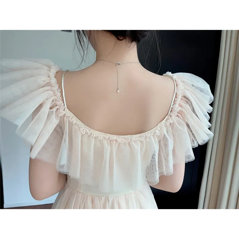 Gentle V-Neck Off-Shoulder Ruffle Hem Mesh Super Fairy Fairy Dress