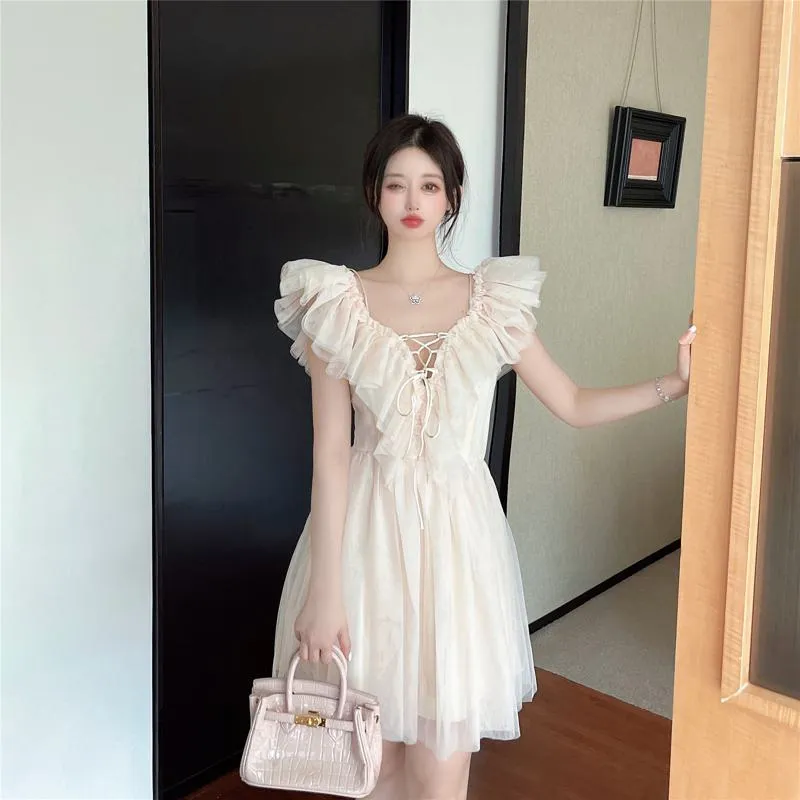 Gentle V-Neck Off-Shoulder Ruffle Hem Mesh Super Fairy Fairy Dress