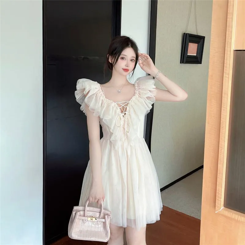 Gentle V-Neck Off-Shoulder Ruffle Hem Mesh Super Fairy Fairy Dress