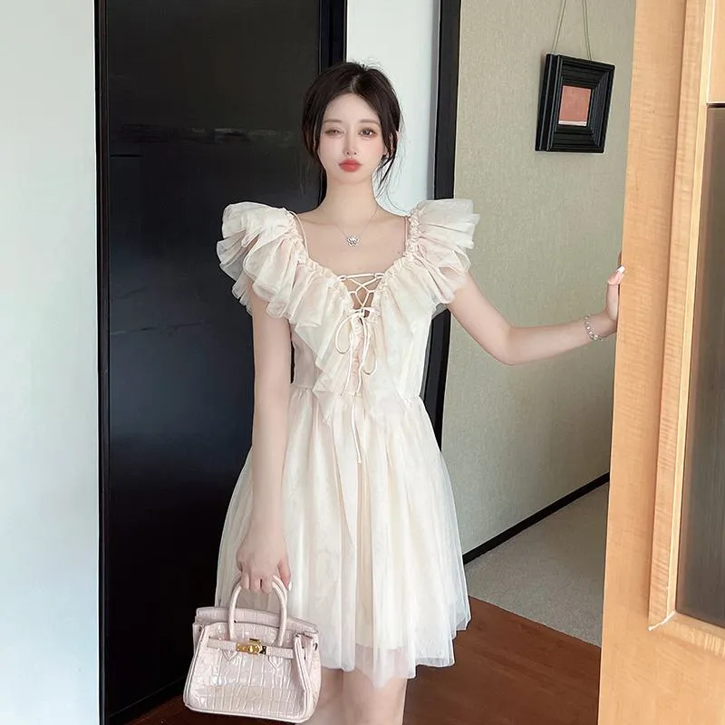 Gentle V-Neck Off-Shoulder Ruffle Hem Mesh Super Fairy Fairy Dress