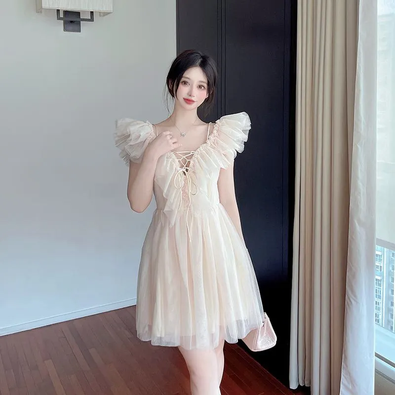 Gentle V-Neck Off-Shoulder Ruffle Hem Mesh Super Fairy Fairy Dress