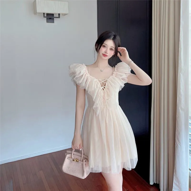 Gentle V-Neck Off-Shoulder Ruffle Hem Mesh Super Fairy Fairy Dress