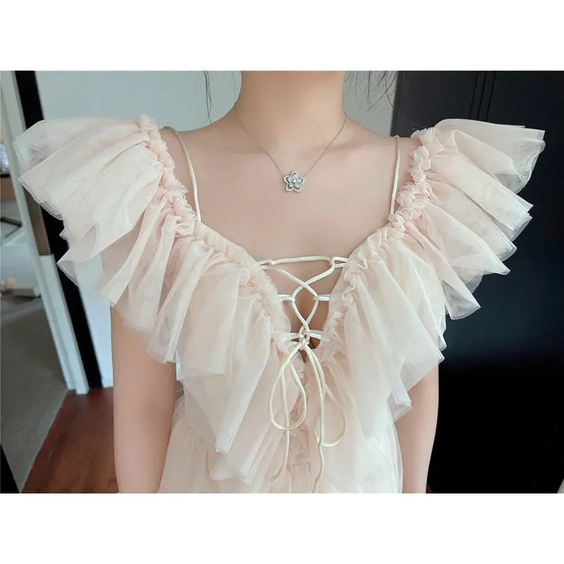 Gentle V-Neck Off-Shoulder Ruffle Hem Mesh Super Fairy Fairy Dress