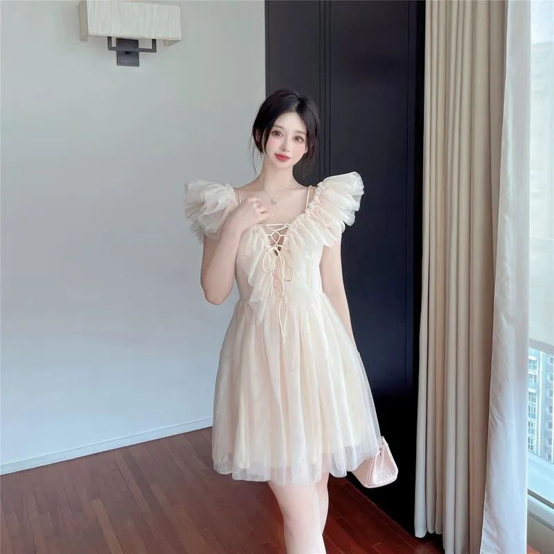 Gentle V-Neck Off-Shoulder Ruffle Hem Mesh Super Fairy Fairy Dress