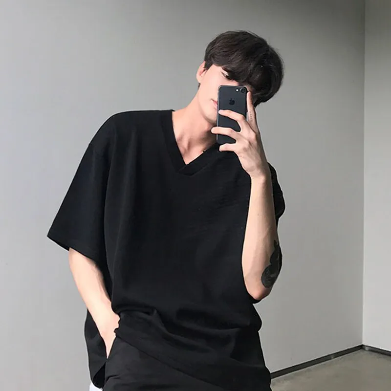 Gmiixder Short Sleeve Tee Men Summer Boys Korean V-neck Short Sleeve T-shirt Solid Loose T-shirt Couple Hong Kong Style Clothes