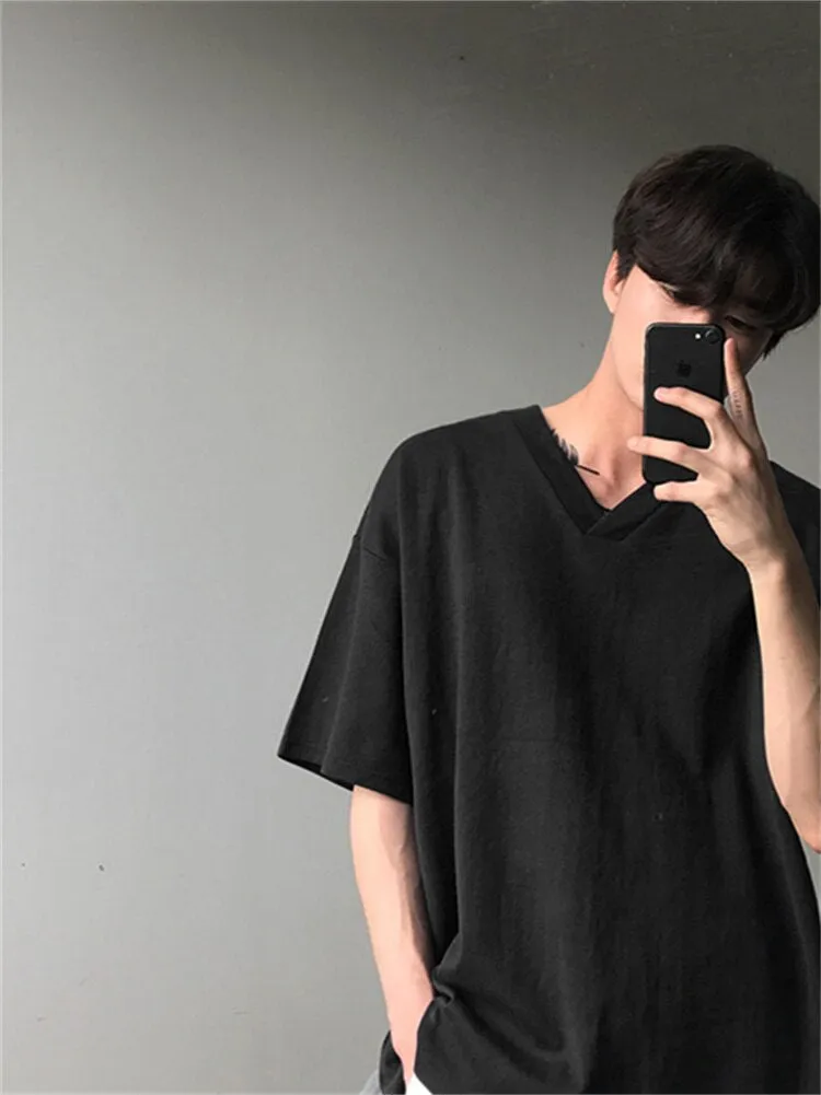 Gmiixder Short Sleeve Tee Men Summer Boys Korean V-neck Short Sleeve T-shirt Solid Loose T-shirt Couple Hong Kong Style Clothes