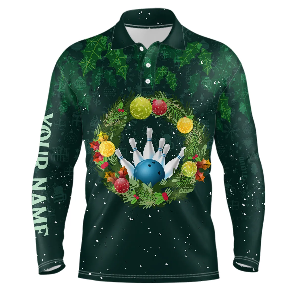 Green Christmas Wreath Men Bowling Polo Shirt Custom Green Pattern Christmas Bowling Tops