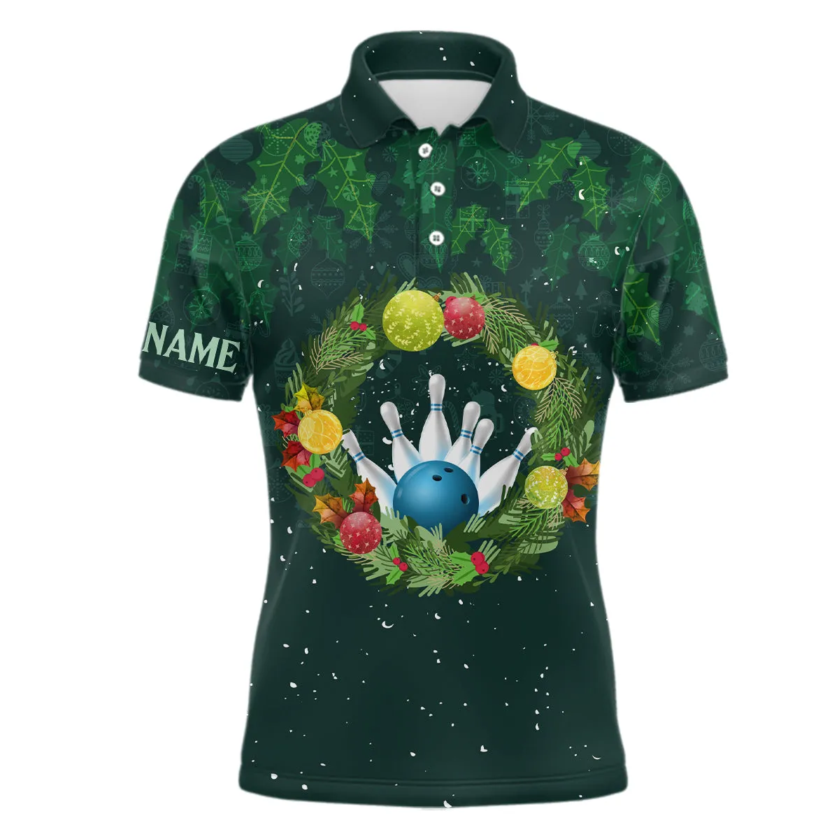 Green Christmas Wreath Men Bowling Polo Shirt Custom Green Pattern Christmas Bowling Tops