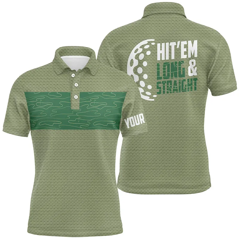 Hit 'Em Long & Straight Golf Course Pattern Long Sleeve Polo Shirts Custom Green Golf Shirts For Men