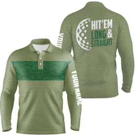 Hit 'Em Long & Straight Golf Course Pattern Long Sleeve Polo Shirts Custom Green Golf Shirts For Men