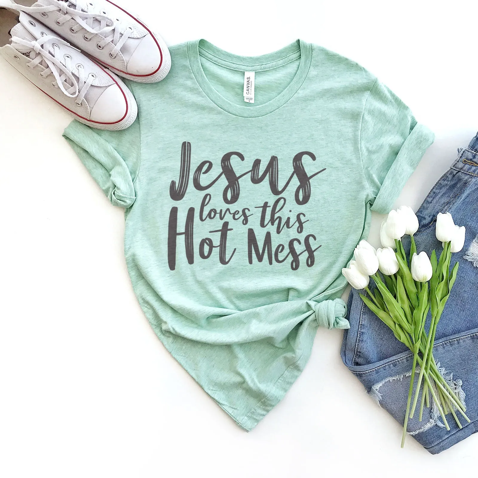 Jesus Loves This Hot Mess Tee Shirts For Women - Christian Shirts for Women - Religious Tee Shirts