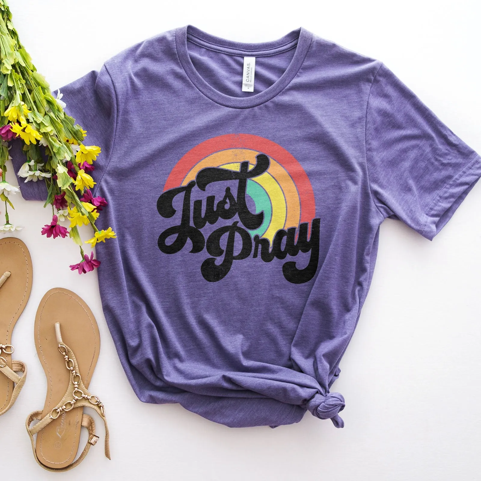 Just Pray Vintage Rainbow Tee Shirts For Women - Christian Shirts for Women - Religious Tee Shirts