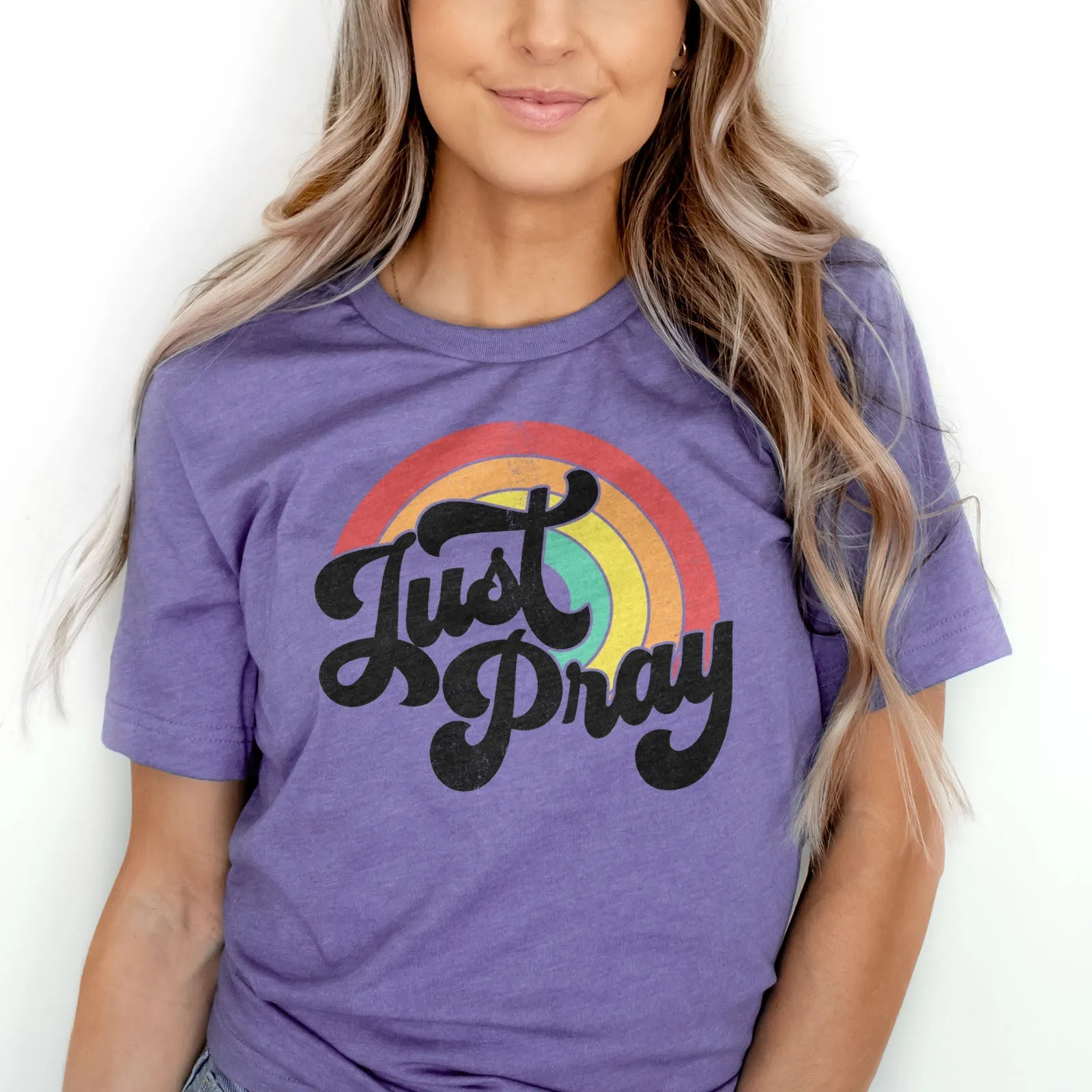 Just Pray Vintage Rainbow Tee Shirts For Women - Christian Shirts for Women - Religious Tee Shirts