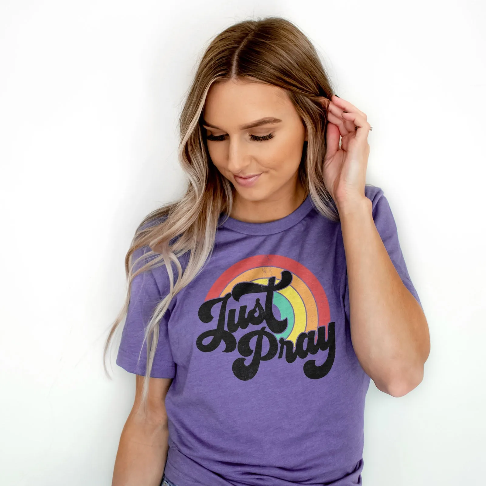 Just Pray Vintage Rainbow Tee Shirts For Women - Christian Shirts for Women - Religious Tee Shirts