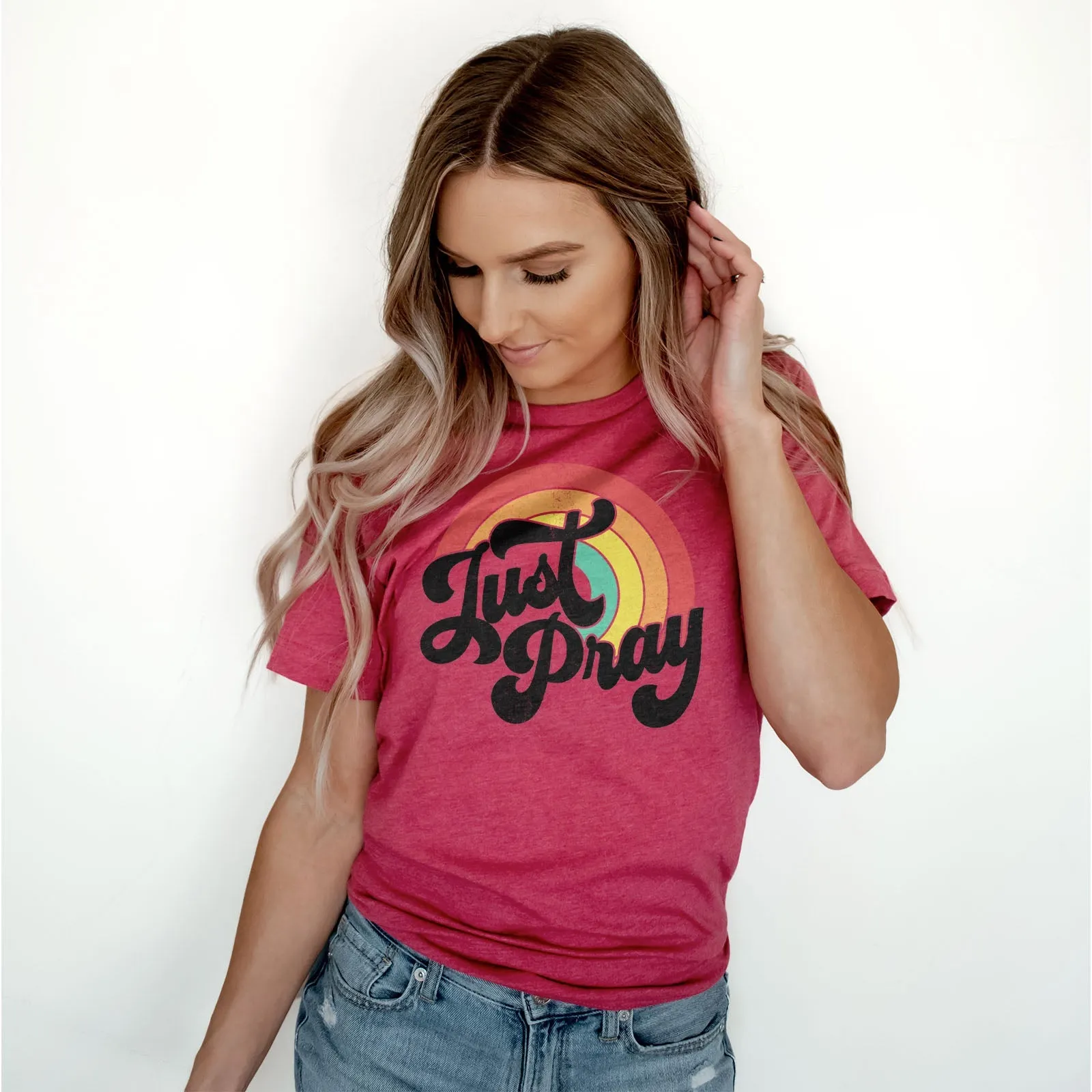 Just Pray Vintage Rainbow Tee Shirts For Women - Christian Shirts for Women - Religious Tee Shirts