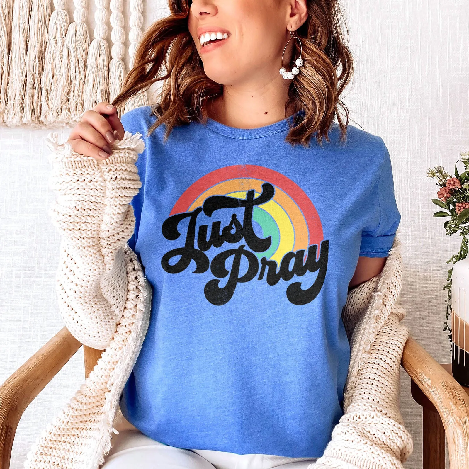 Just Pray Vintage Rainbow Tee Shirts For Women - Christian Shirts for Women - Religious Tee Shirts