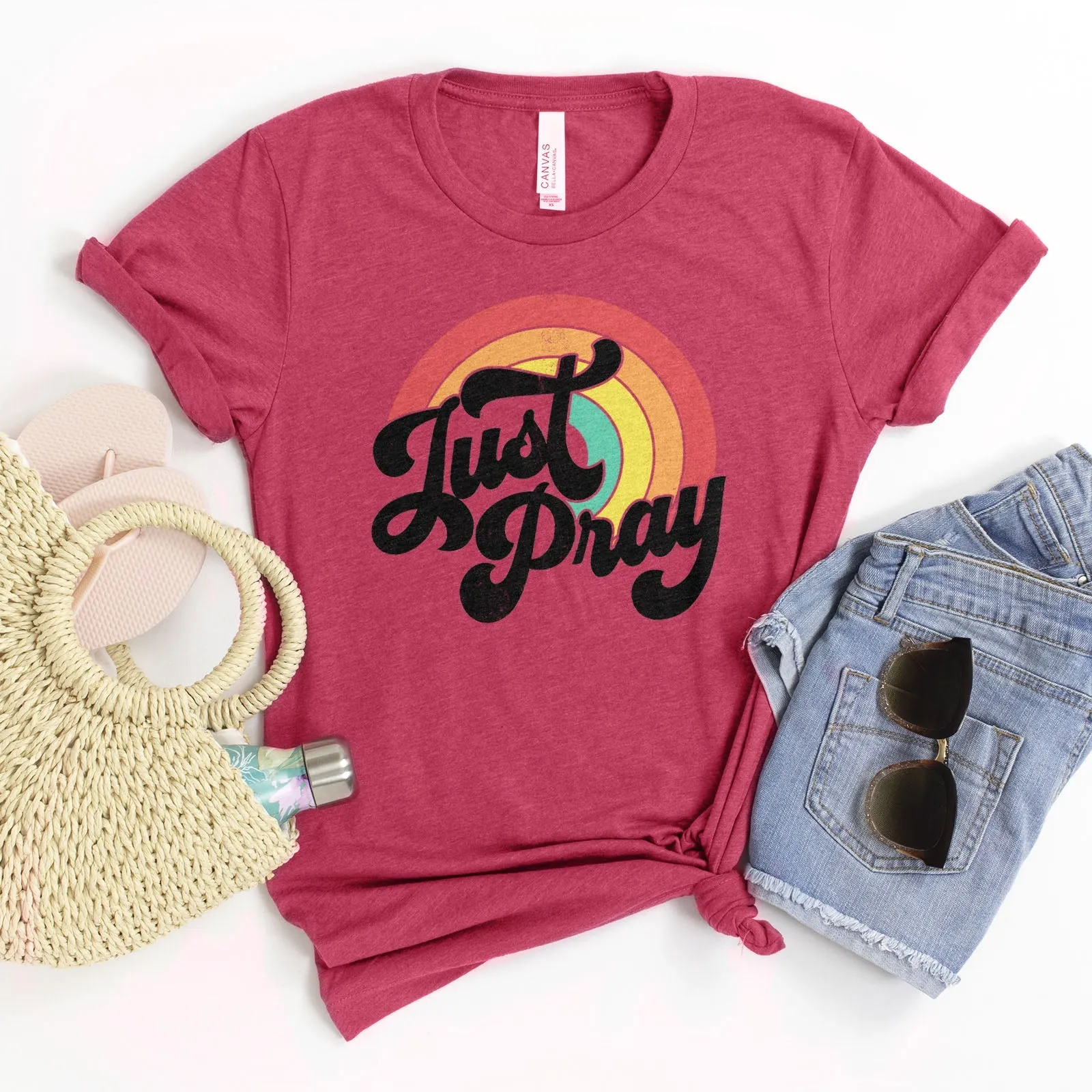 Just Pray Vintage Rainbow Tee Shirts For Women - Christian Shirts for Women - Religious Tee Shirts