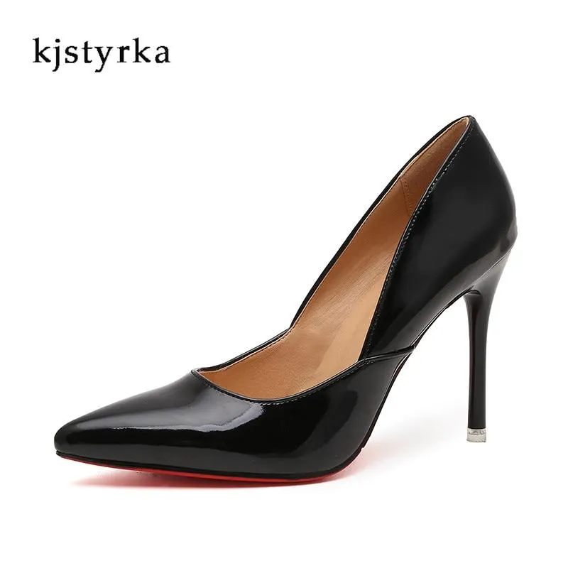 Kjstyrak 2017 red bottom super thin heels women wedding pumps patent leather pointed toe ladies shoes