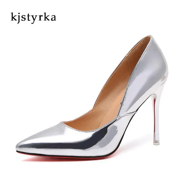 Kjstyrak 2017 red bottom super thin heels women wedding pumps patent leather pointed toe ladies shoes