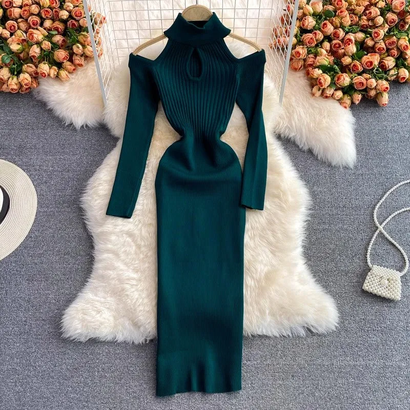 knitted stretch dress women's new strapless sweater dress fashionable long skirt    S4041