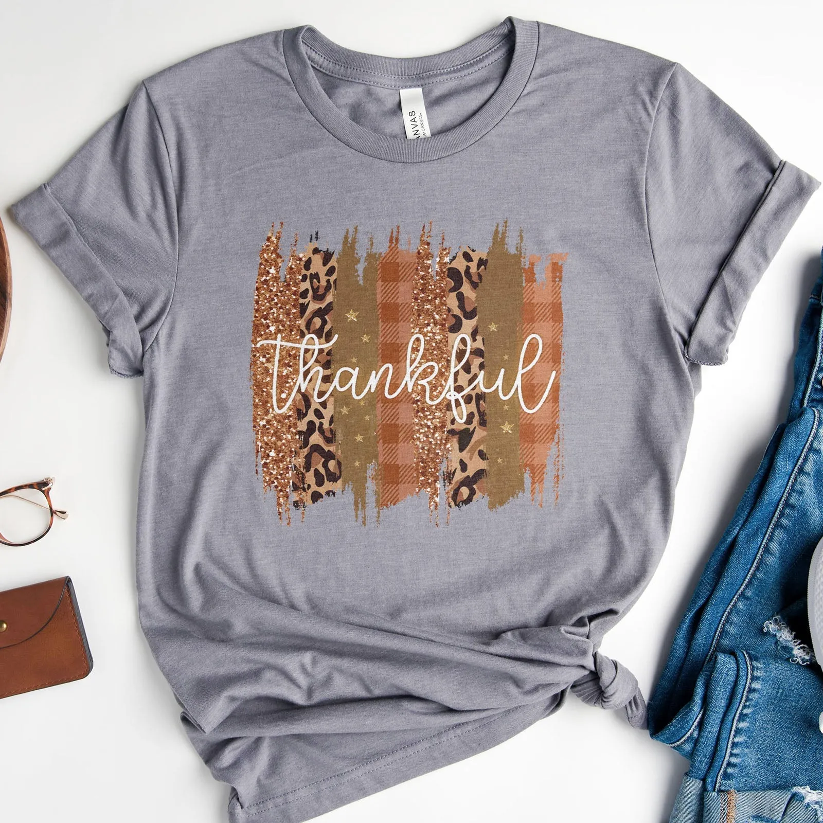 Leopard & Glitter Thankful Tee Shirts For Women - Christian Shirts for Women - Religious Tee Shirts