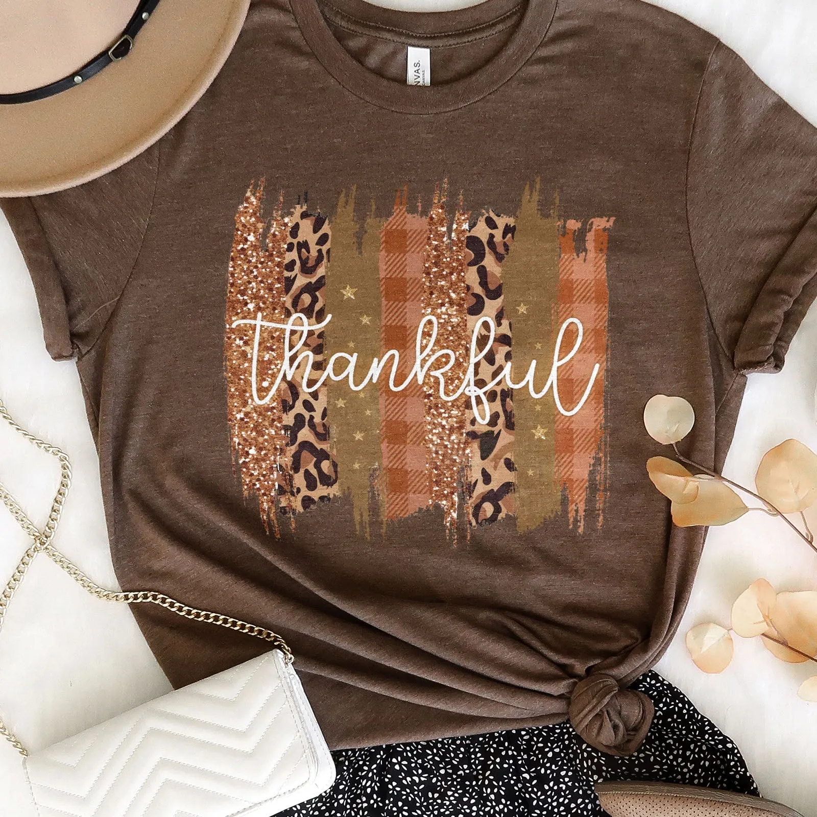 Leopard & Glitter Thankful Tee Shirts For Women - Christian Shirts for Women - Religious Tee Shirts