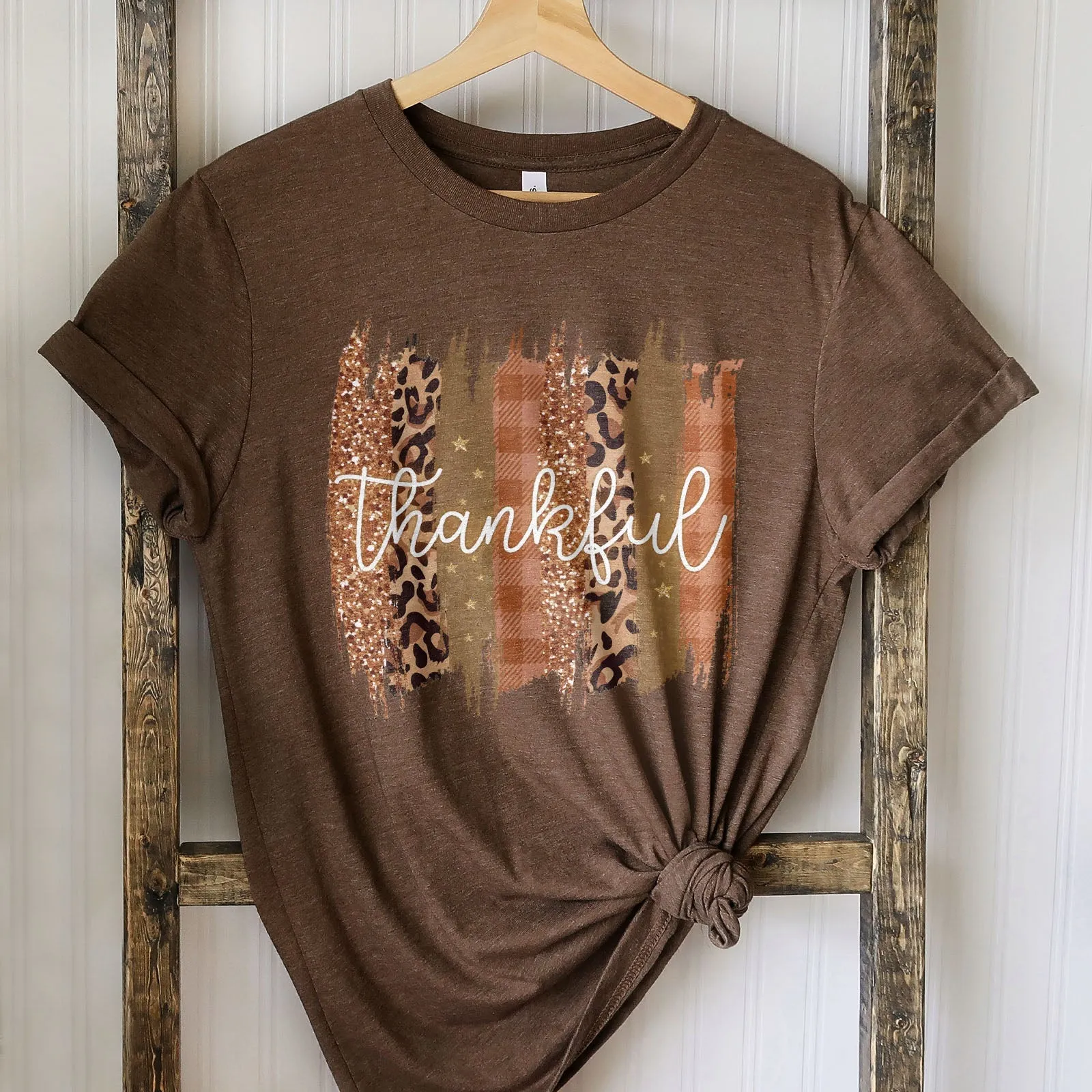 Leopard & Glitter Thankful Tee Shirts For Women - Christian Shirts for Women - Religious Tee Shirts