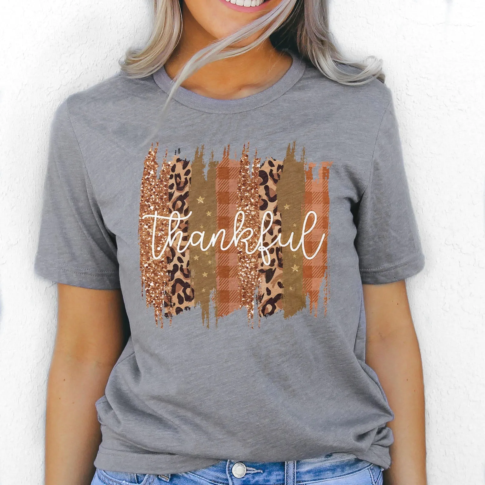 Leopard & Glitter Thankful Tee Shirts For Women - Christian Shirts for Women - Religious Tee Shirts