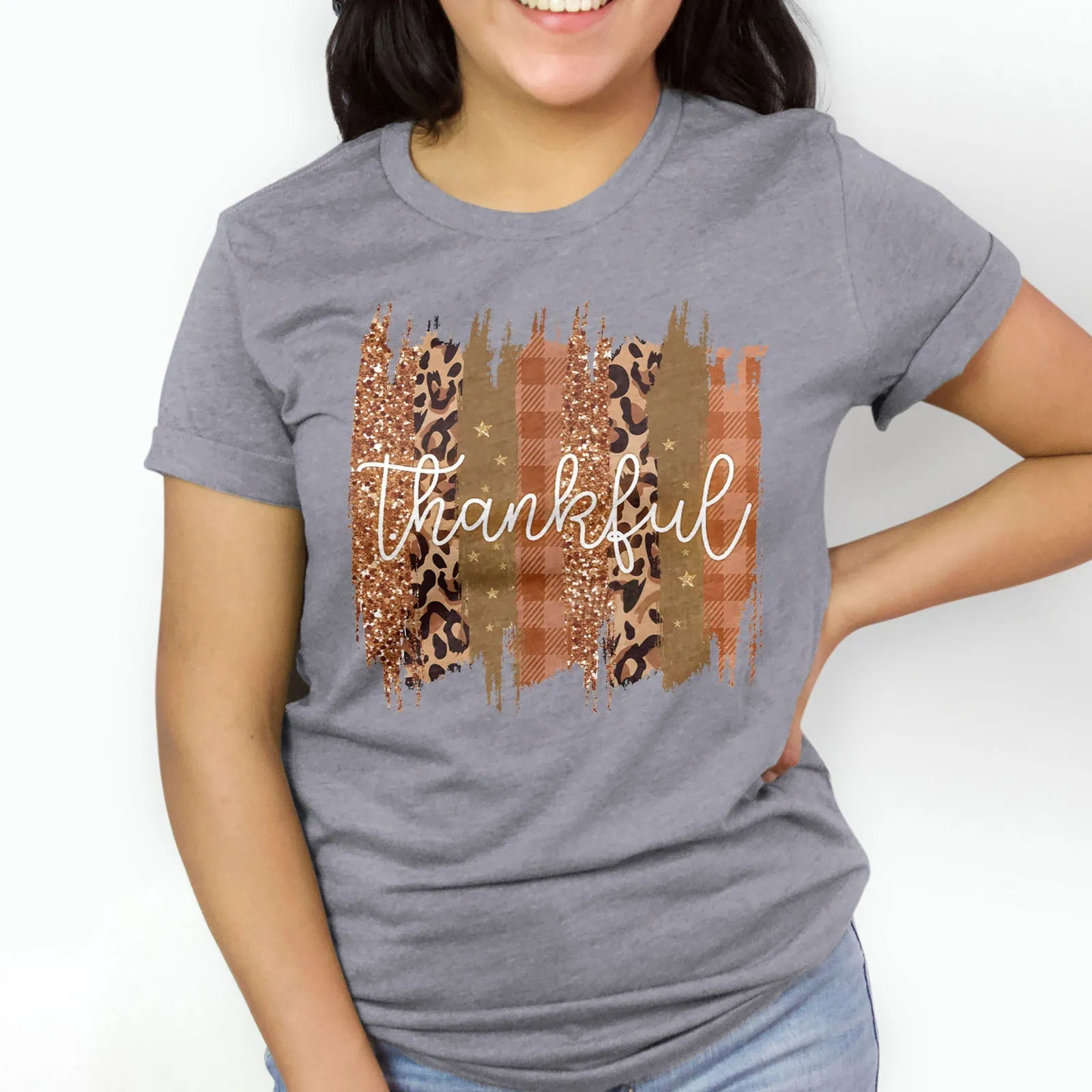 Leopard & Glitter Thankful Tee Shirts For Women - Christian Shirts for Women - Religious Tee Shirts