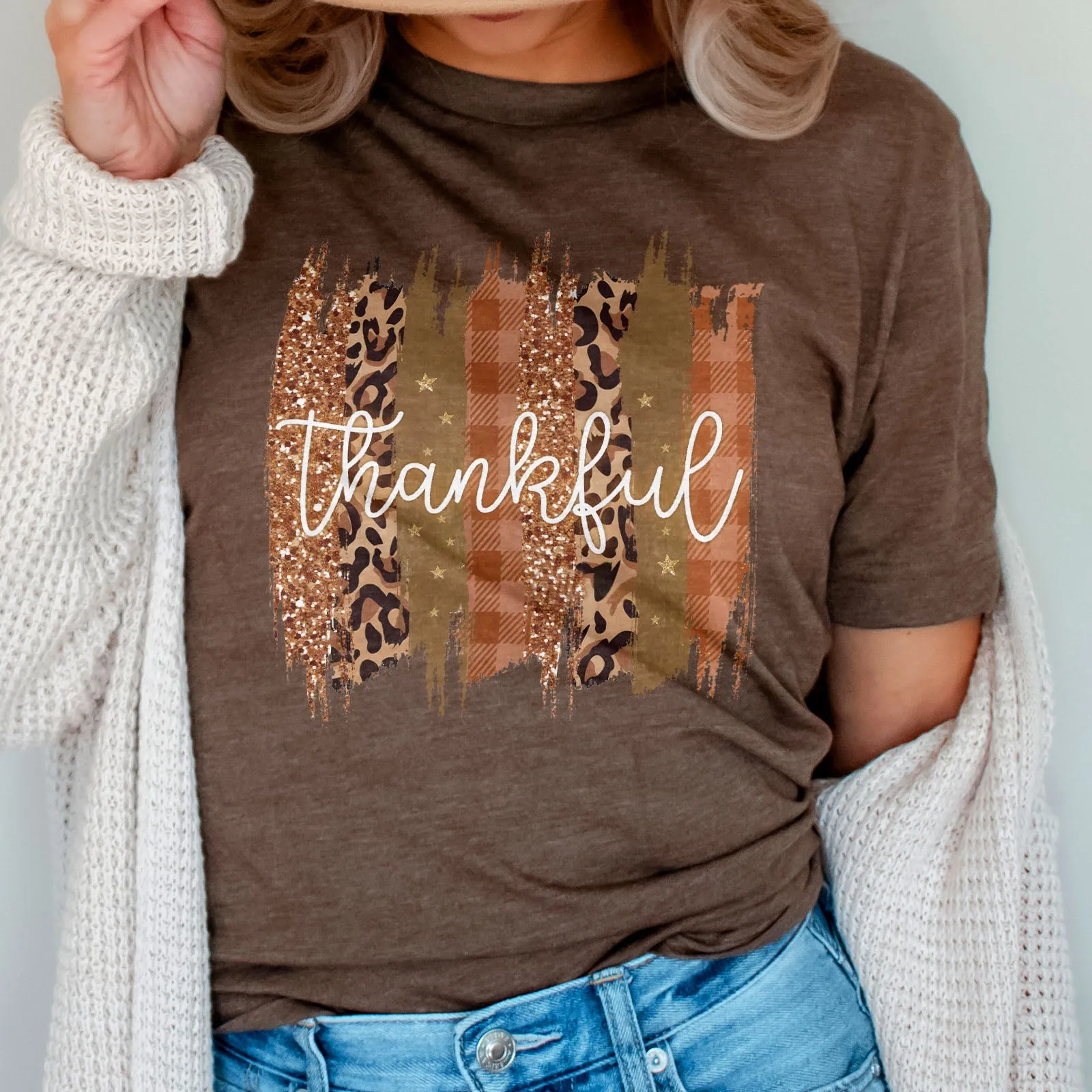 Leopard & Glitter Thankful Tee Shirts For Women - Christian Shirts for Women - Religious Tee Shirts