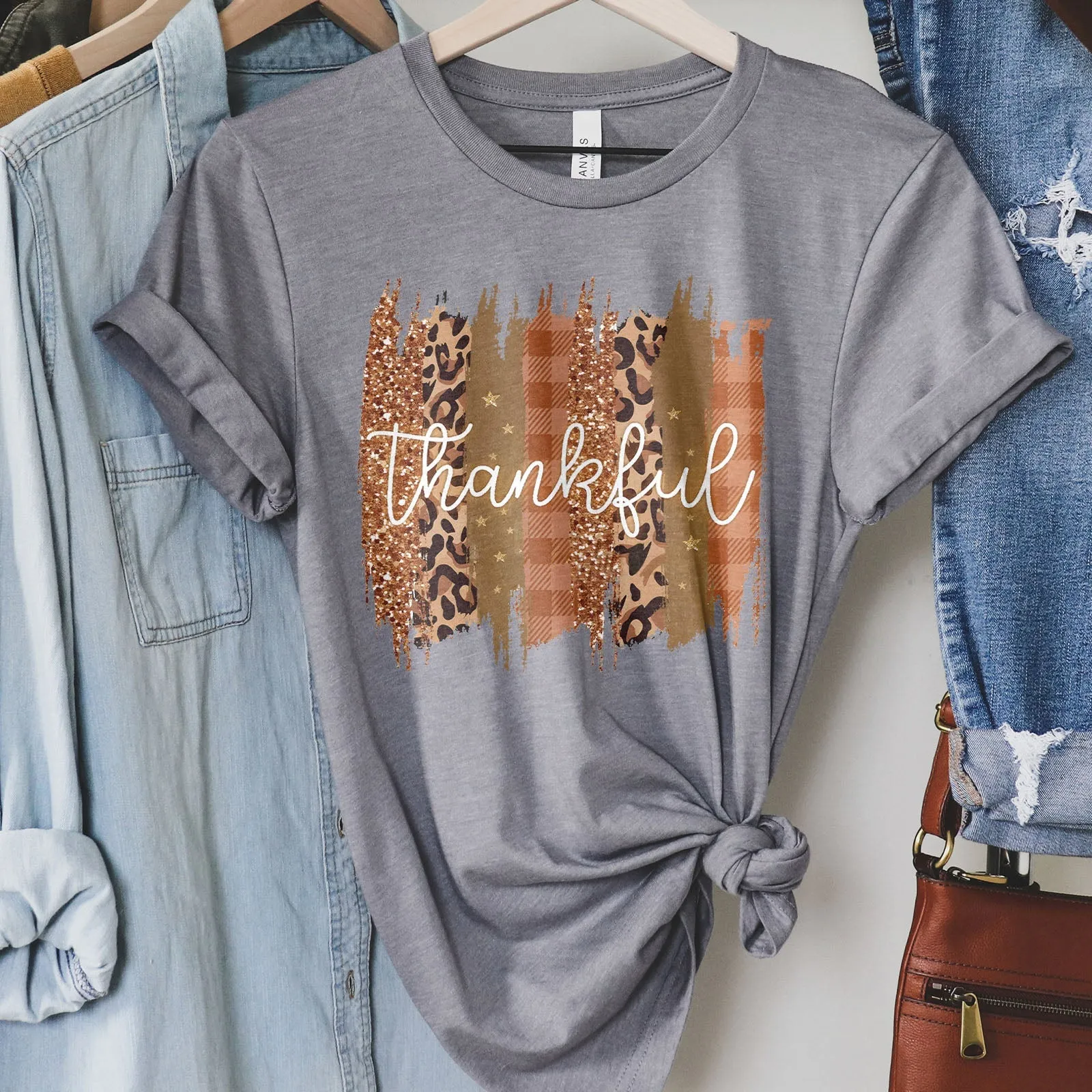 Leopard & Glitter Thankful Tee Shirts For Women - Christian Shirts for Women - Religious Tee Shirts