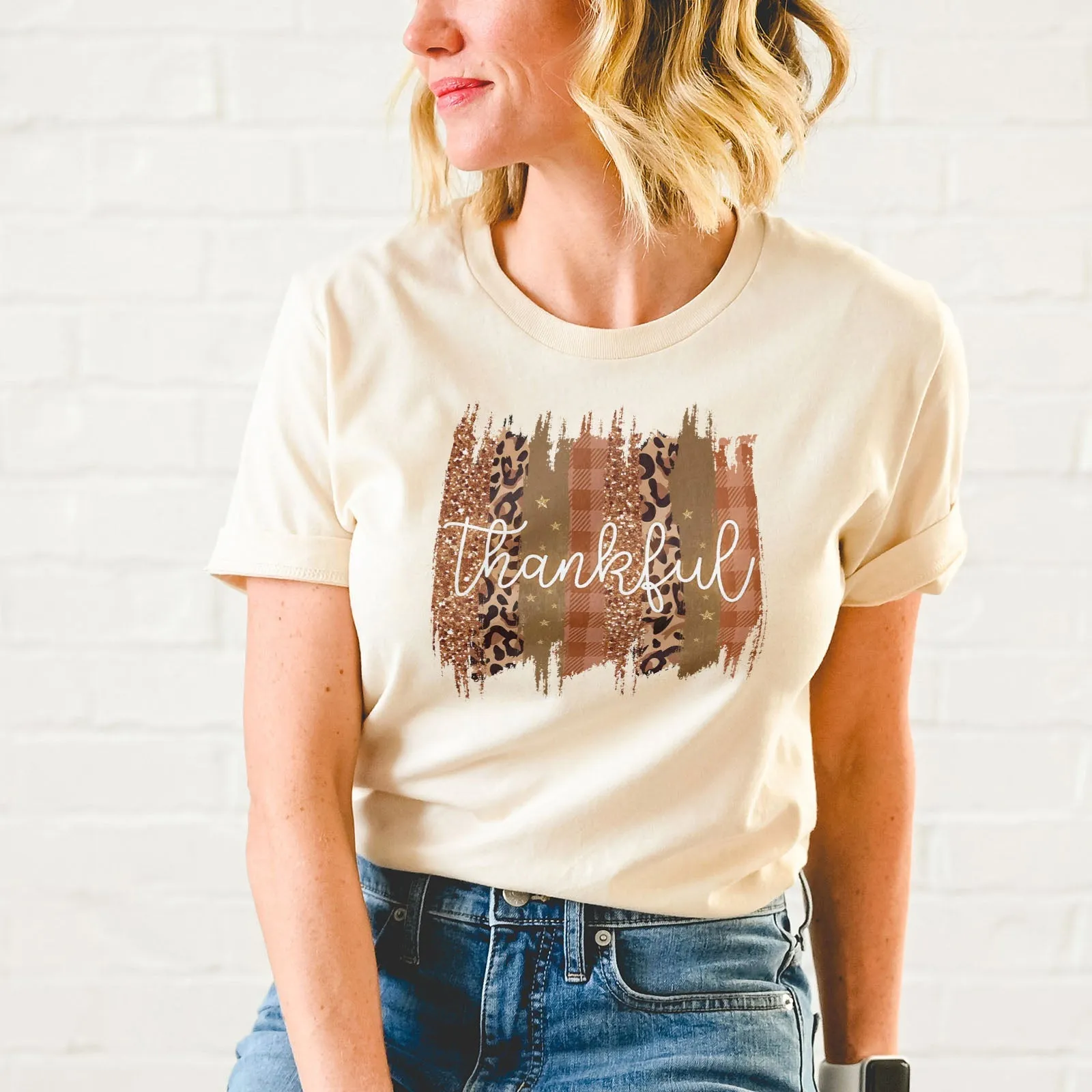 Leopard & Glitter Thankful Tee Shirts For Women - Christian Shirts for Women - Religious Tee Shirts