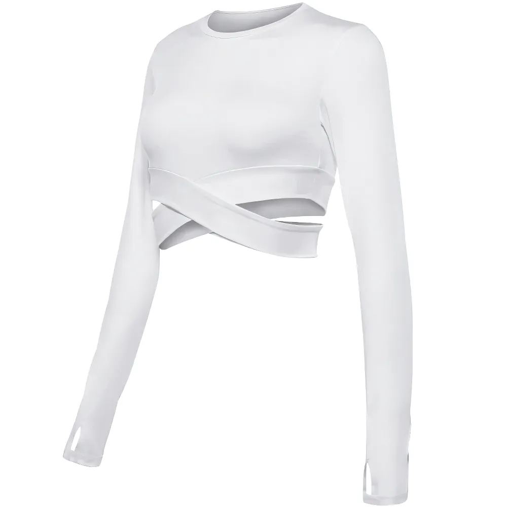 Long Sleeves Fitness Top for Women / Slim Crew Neck Crop Top with Cross Waist - SF0047