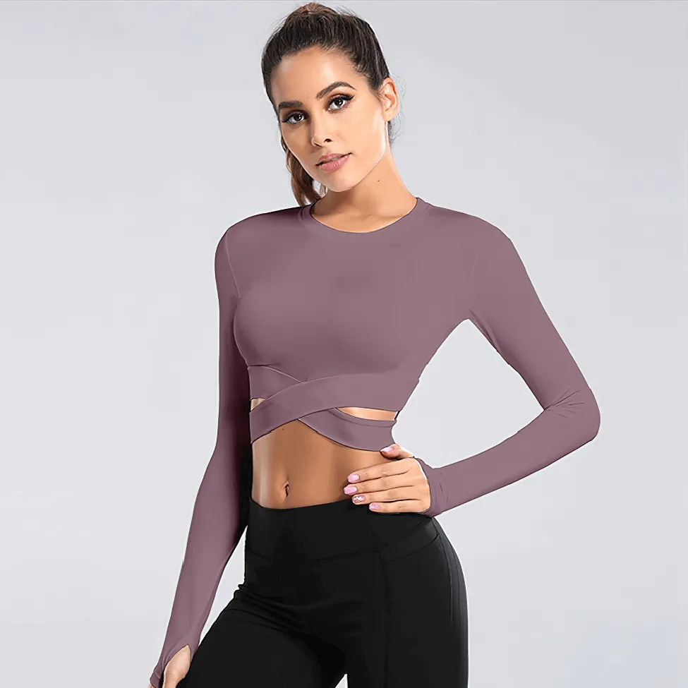 Long Sleeves Fitness Top for Women / Slim Crew Neck Crop Top with Cross Waist - SF0047