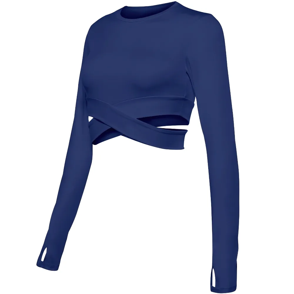 Long Sleeves Fitness Top for Women / Slim Crew Neck Crop Top with Cross Waist - SF0047