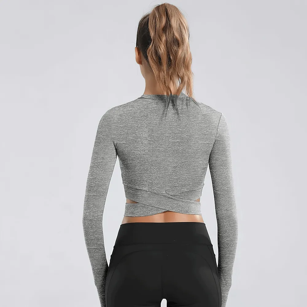 Long Sleeves Fitness Top for Women / Slim Crew Neck Crop Top with Cross Waist - SF0047