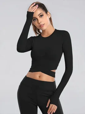 Long Sleeves Fitness Top for Women / Slim Crew Neck Crop Top with Cross Waist - SF0047