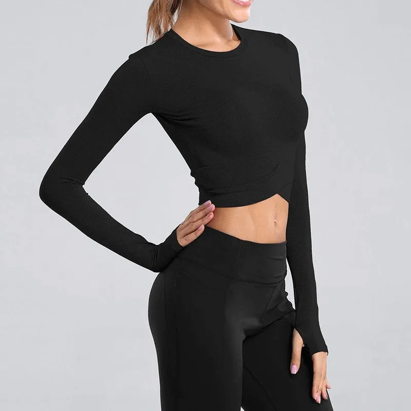 Long Sleeves Fitness Top for Women / Slim Crew Neck Crop Top with Cross Waist - SF0047