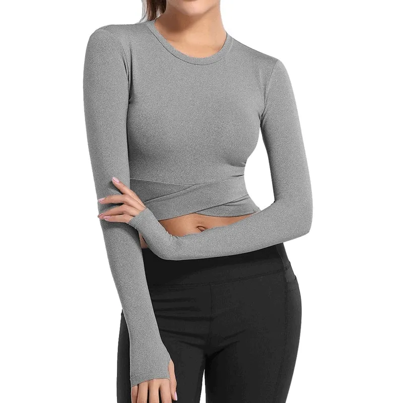 Long Sleeves Fitness Top for Women / Slim Crew Neck Crop Top with Cross Waist - SF0047