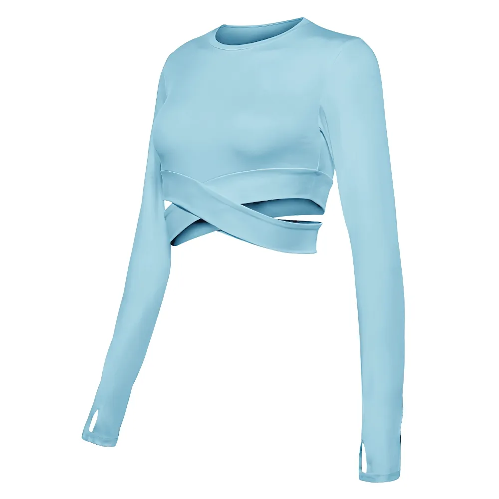 Long Sleeves Fitness Top for Women / Slim Crew Neck Crop Top with Cross Waist - SF0047