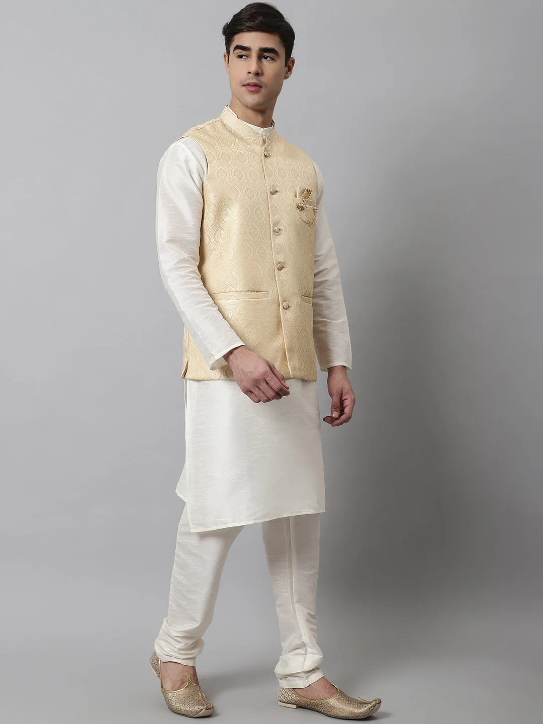 Men Off White Solid Kurta Pyjama With Golden Woven Design Nehru Jacket