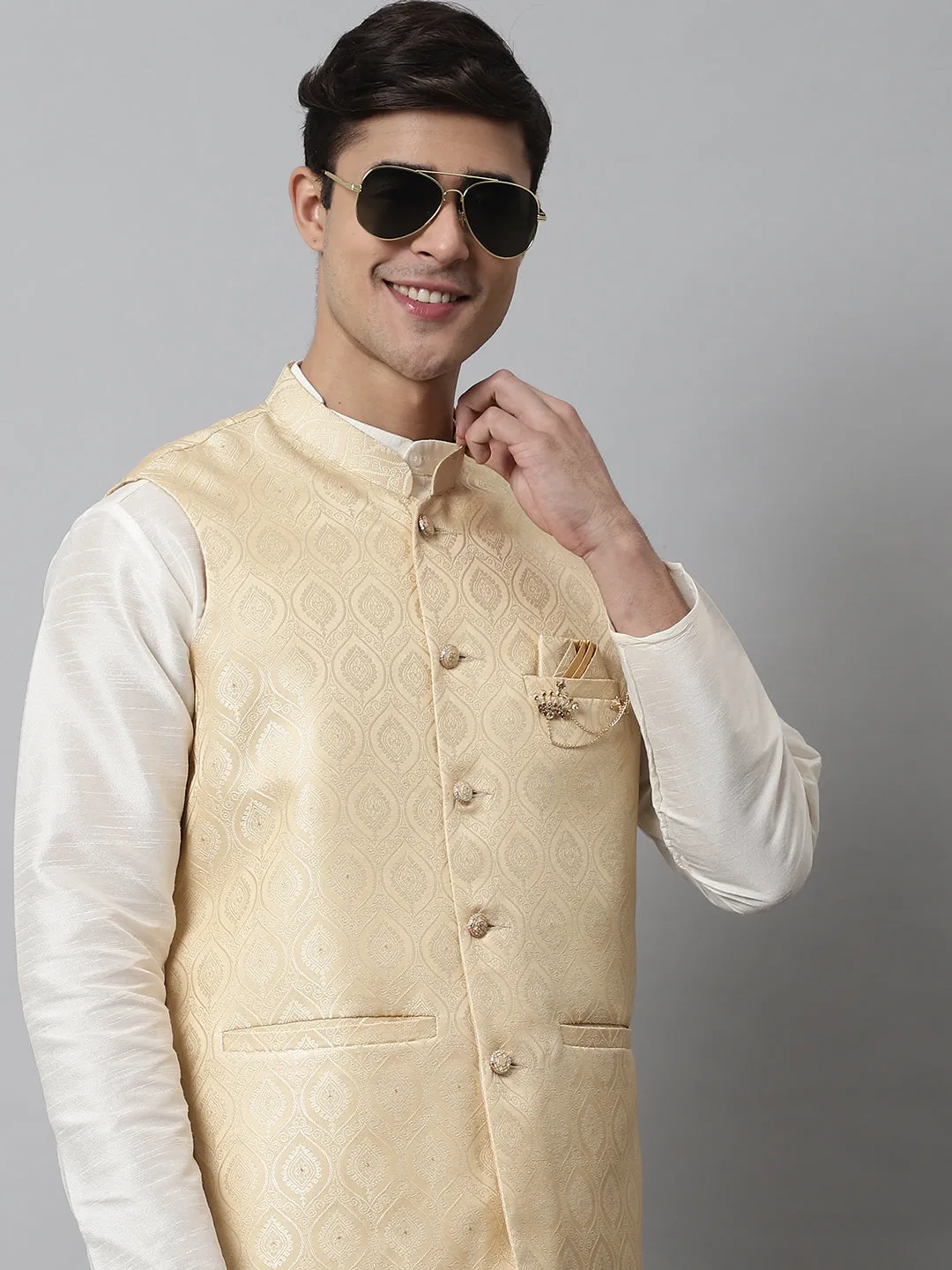 Men Off White Solid Kurta Pyjama With Golden Woven Design Nehru Jacket