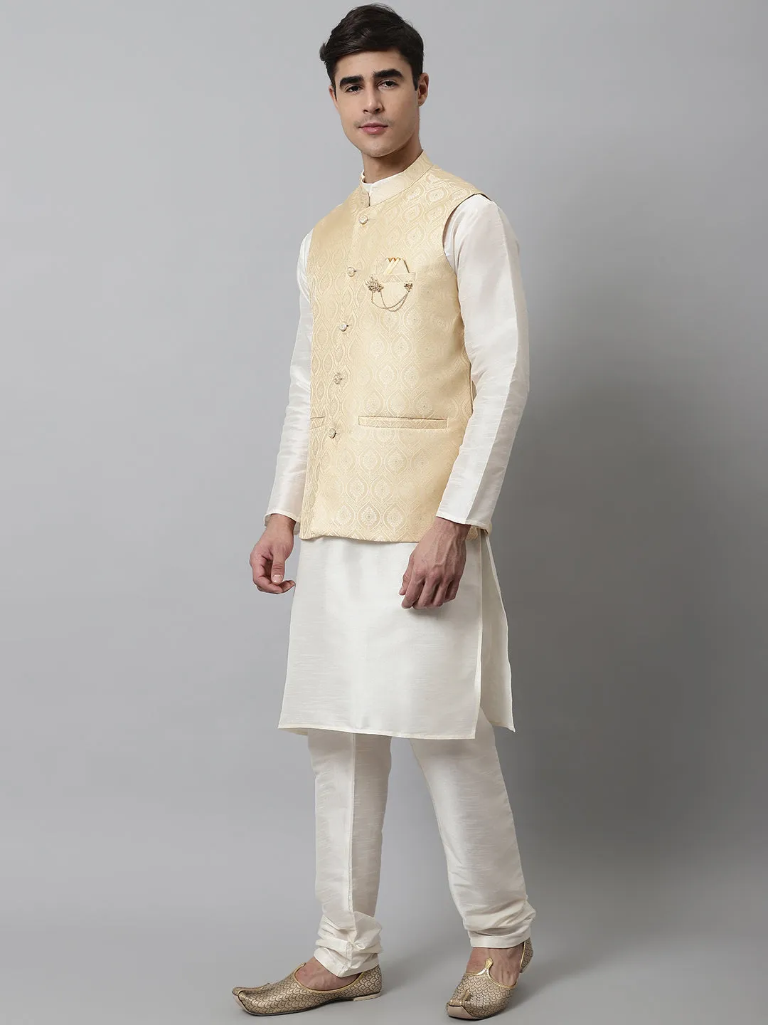 Men Off White Solid Kurta Pyjama With Golden Woven Design Nehru Jacket