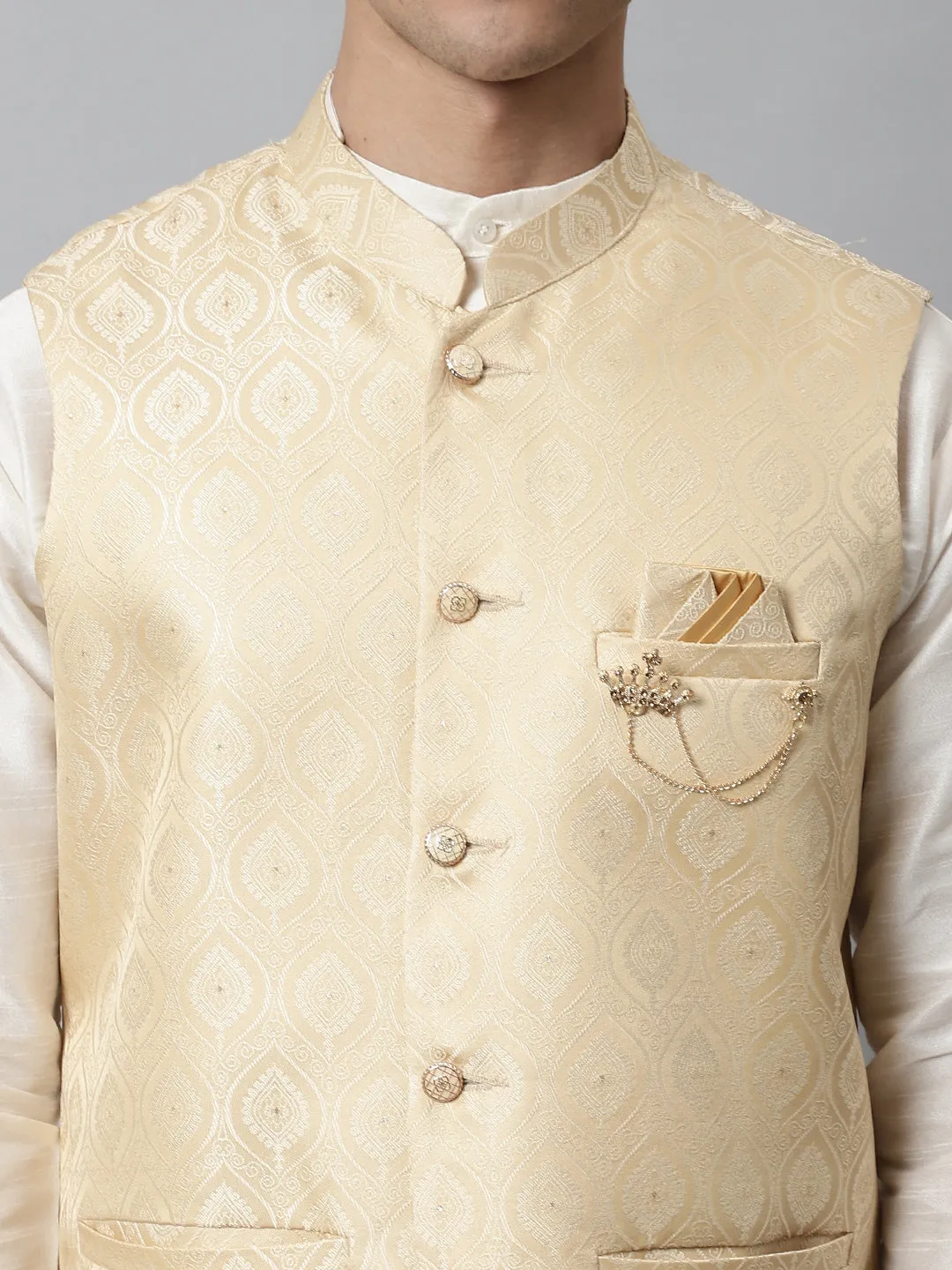 Men Off White Solid Kurta Pyjama With Golden Woven Design Nehru Jacket