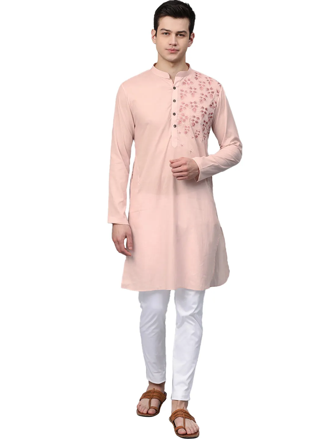 Men Pink Embroidered Straight Kurta With Pyjama