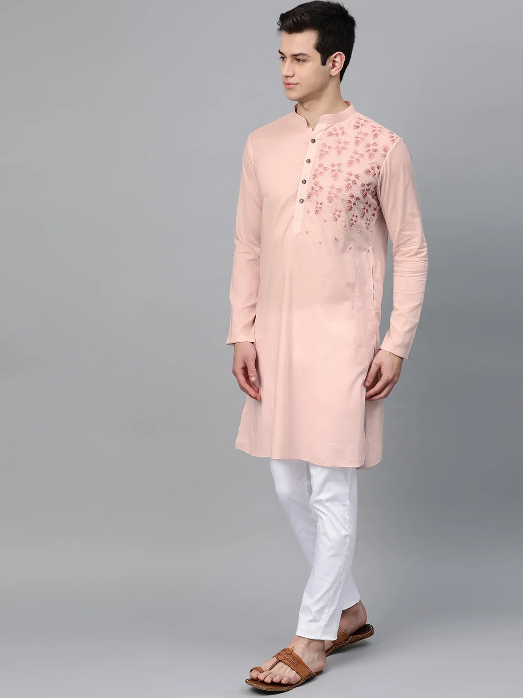 Men Pink Embroidered Straight Kurta With Pyjama