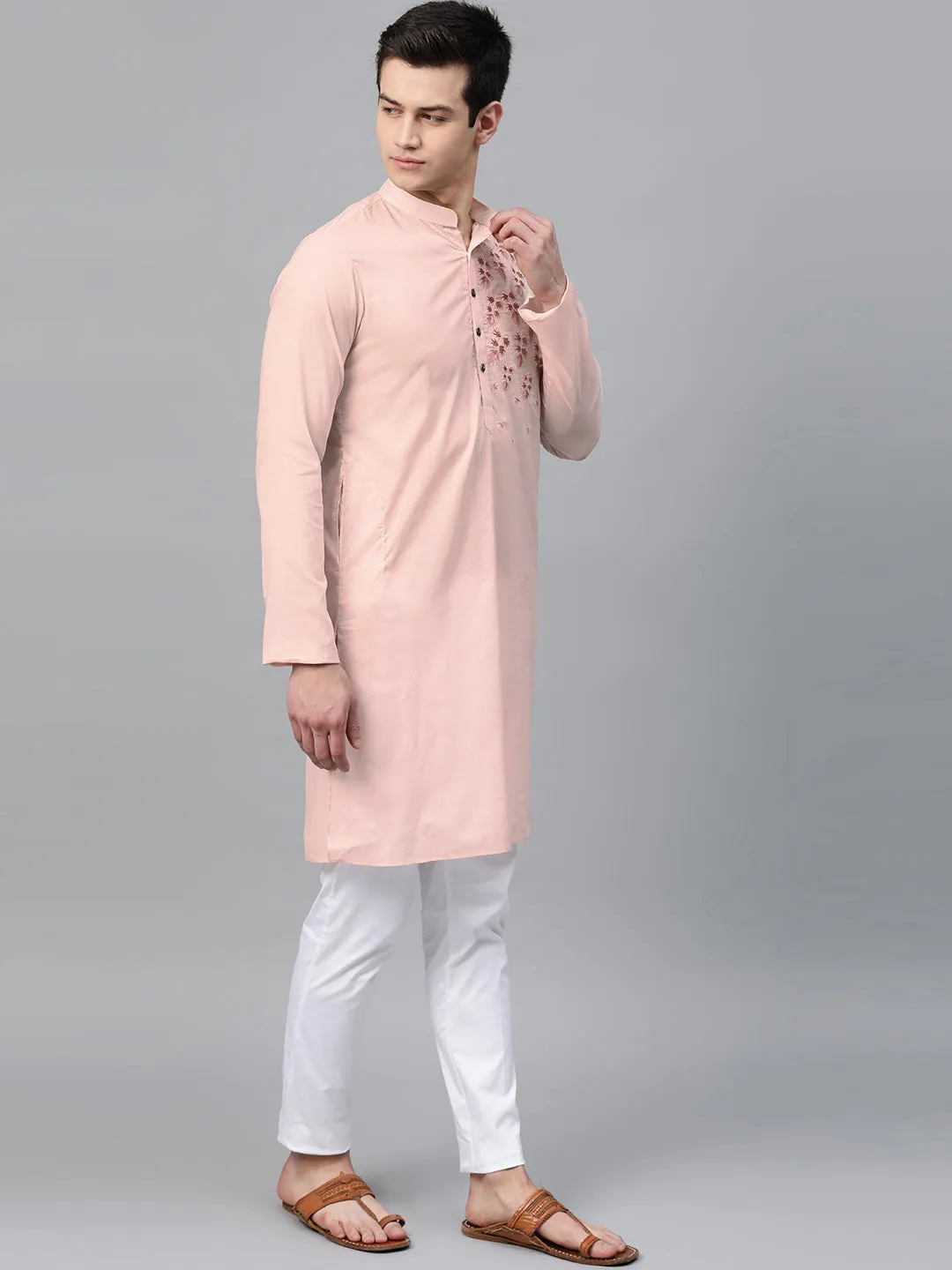 Men Pink Embroidered Straight Kurta With Pyjama