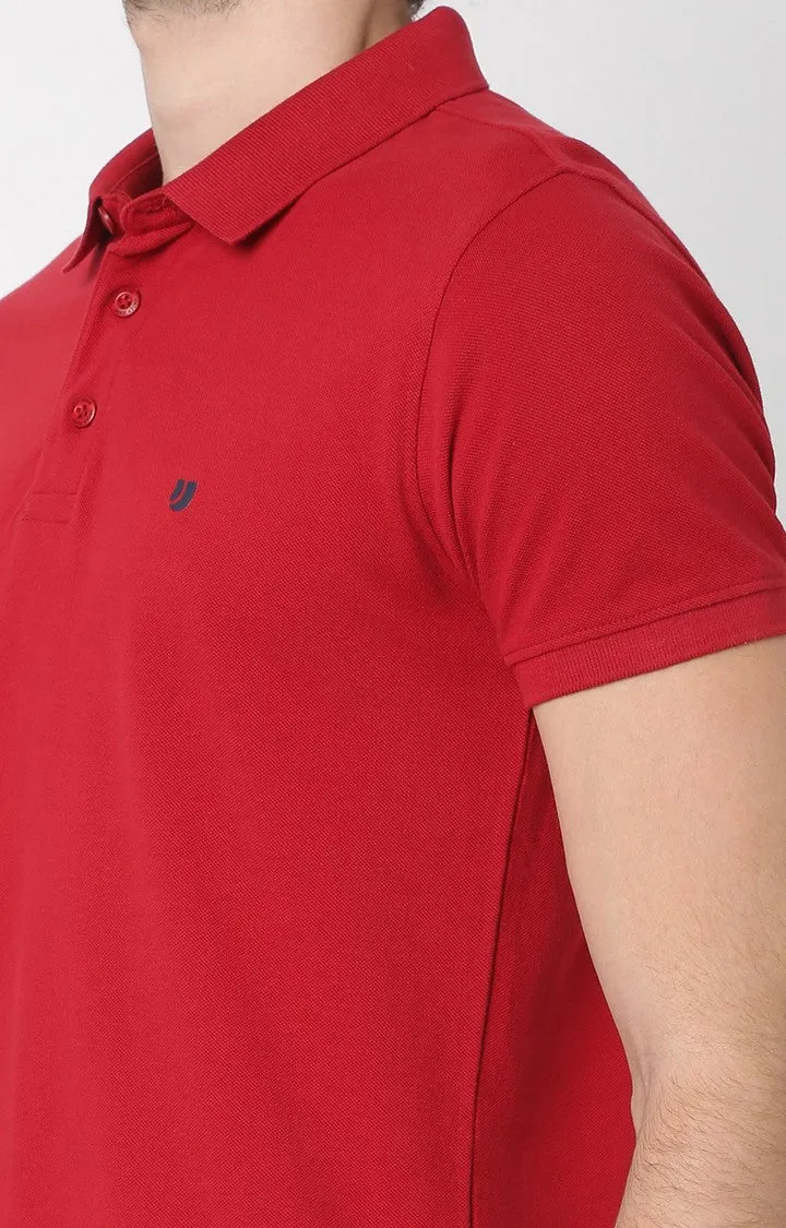 Men Premium Red Cotton Regular Fit Polo T-Shirt - Underjeans By Spykar