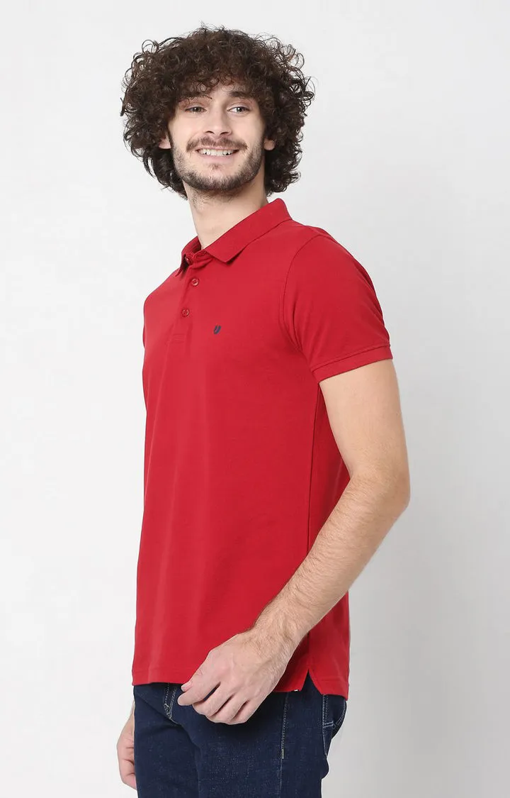 Men Premium Red Cotton Regular Fit Polo T-Shirt - Underjeans By Spykar